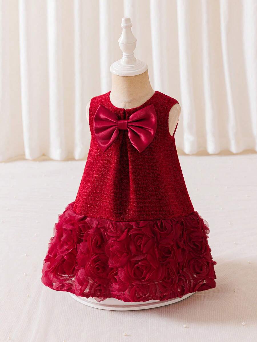 Glamorique Kids 女婴酒红色粗花呢玫瑰3D花朵缎面蝴蝶结装饰派对礼服,婴儿生日礼服,圣诞节服装,正式场合 - 酒紅色 - 查看 1