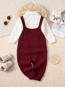 SHEIN 新生儿男/女婴幼儿秋冬服装套装：绿色针织连体衣、背带裤、毛衣，舒适、百搭、时尚、可爱、复古、经典、简约设计，适合室内、室外、滑雪、日常穿着、运动、玩耍、派对、拍照、度假等场合。