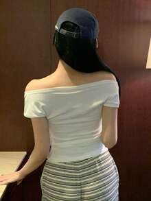 DAZY Women's Summer Sheer Draped Neck Fitted T-Shirt, Minimalist Urban Casual Slim Fit Short Sleeve Top - White - View 3