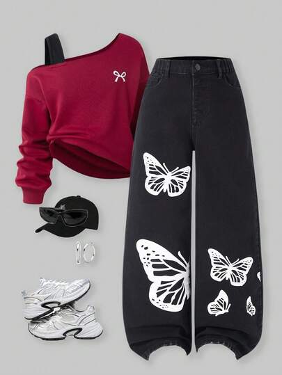 SHEIN ChillGRL Tween Girls Jeans, Black Denim, Y2K Aesthetic, Loose Wide Leg, Graphic Print Decor, Comfortable Cotton Denim, Distressed Design, Suitable For Daily Wear, School, Commute, Gathering, Travel, Back To School, New Arrival For 2025 Autumn