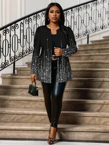SHEIN Lady Plus Size Casual Elegant Glitter Print Lightweight Jacket Autumn Winter Clothes For Women - Black - View 5