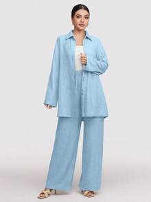 Veilorie 2 件套女式纯色前扣长袖休闲上衣和长裤套装 - 藍色 - 查看 5