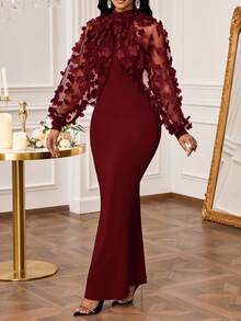 SHEIN Lady 黑色连衣裙立体蝴蝶刺绣拼接超长修身鱼尾裙，小礼服优雅派对 - 酒紅色 - 查看 5