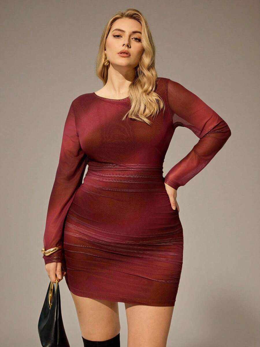 Auralis Vestido mini ajustado de manga larga con cuello redondo, estampado artístico de degradado y teñido anudado, adecuado para otoño/invierno, estilo Y2K Baddie, festival de música, tallas grandes - Multicolor - Ver 1