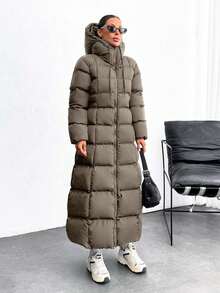 EURMUSE Iconic A Shape Silhouette Zip Up Hooded Padded Long Extra Warm Winter Coat - Mocha Brown - View 5