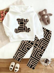 2pcs Baby Girl Set, Fashionable Cute Sitting Bear Print Hoodie Sweatshirt & Geometric Pattern Leggings, Suitable For Outings In Autumn/Winter