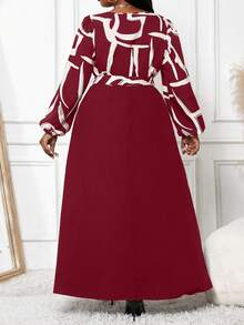 SHEIN Lady 大码女士优雅职业抽象条纹印花蝴蝶结连衣裙 秋季女士连衣裙 舞会礼服 - 酒紅色 - 查看 2