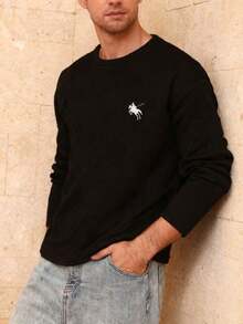 Manfinity Dauomo Men's Casual Everyday Commute Pullover Sweatshirt, Simple & Versatile, Knight Embroidery Textured Fabric, Spring/Autumn - Black - View 1