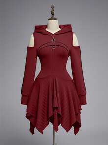 ROMWE Gothic Witch Costume Set - Black Witch Hat, Hooded Sweatshirt, And Off-Shoulder Dress - Burgundy - View 6