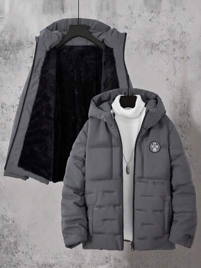 SHEIN Vacaura 1 件 Tween 男童户外运动保暖加厚外套，拉链开合，简约纯黑色，防尘