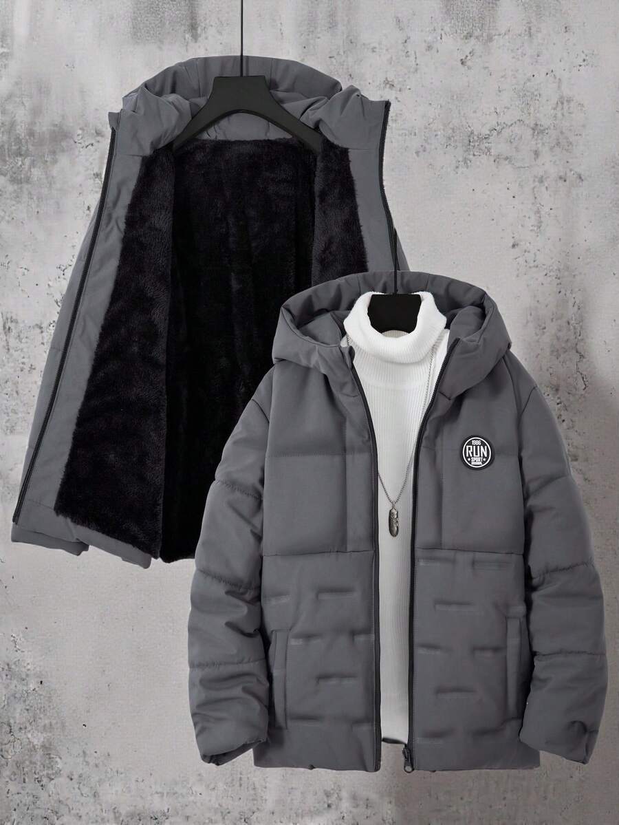 SHEIN Vacaura 1 件 Tween 男童户外运动保暖加厚外套，拉链开合，简约纯黑色，防尘 - 深灰色 - 查看 1