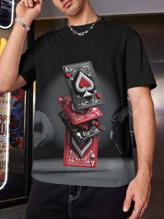 Manfinity Men's Plus Size Ace Of Cards Graphic Tee, Casual Street Style Short Sleeve Round Neck T-Shirt, Plus Size, Summer