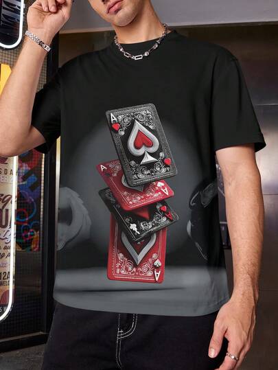 Manfinity Men's Plus Size Ace Of Cards Graphic Tee, Casual Street Style Short Sleeve Round Neck T-Shirt, Plus Size, Summer