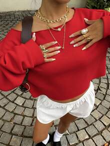 SHEIN EZwear Women's Fashion Off-Shoulder Short Sweatshirt, Suitable For Fitness, Dancing, Casual Wear, Autumn/Winter, Loose Fit Crew Neck Long Sleeve Pullover,Christmas - Red - View 4