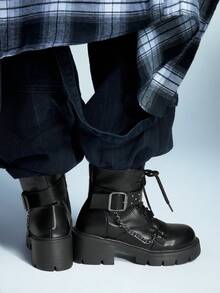 时尚通勤铆钉链条装饰粗跟踝靴 - 黑色 - 查看 4