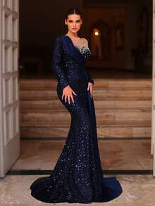 Aureia 优雅藏蓝色亮片缎面拼接长袖礼服，饰以精美手工串珠美人鱼裙摆，飘逸优雅，适合各种正式场合、婚礼、晚宴等。 - 藏蓝色 - 查看 7