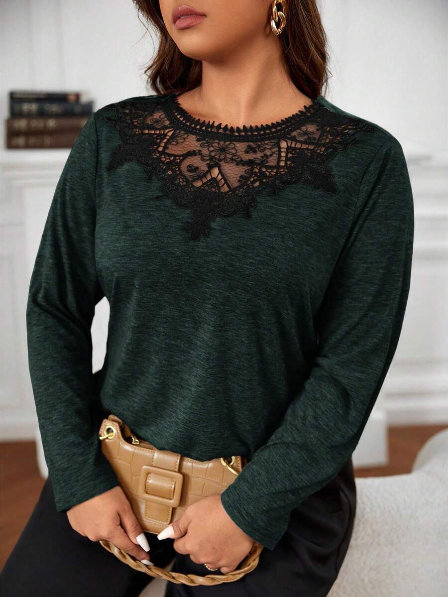 SHEIN Frenchy Plus Size Lace Patchwork Contrast Color Round Neck Casual Long Sleeve T-Shirt Spring To Summer - Dark Green - View 1