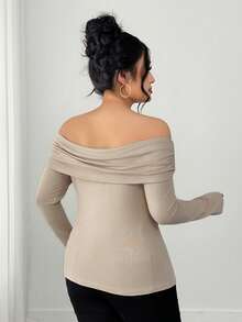 Dazy Plus Plus Size Women's Solid Color Elastic Casual Elegant Off-Shoulder Tight Fit Long Sleeve T-Shirt, Spring/Summer Going Out Tops - Khaki - View 2