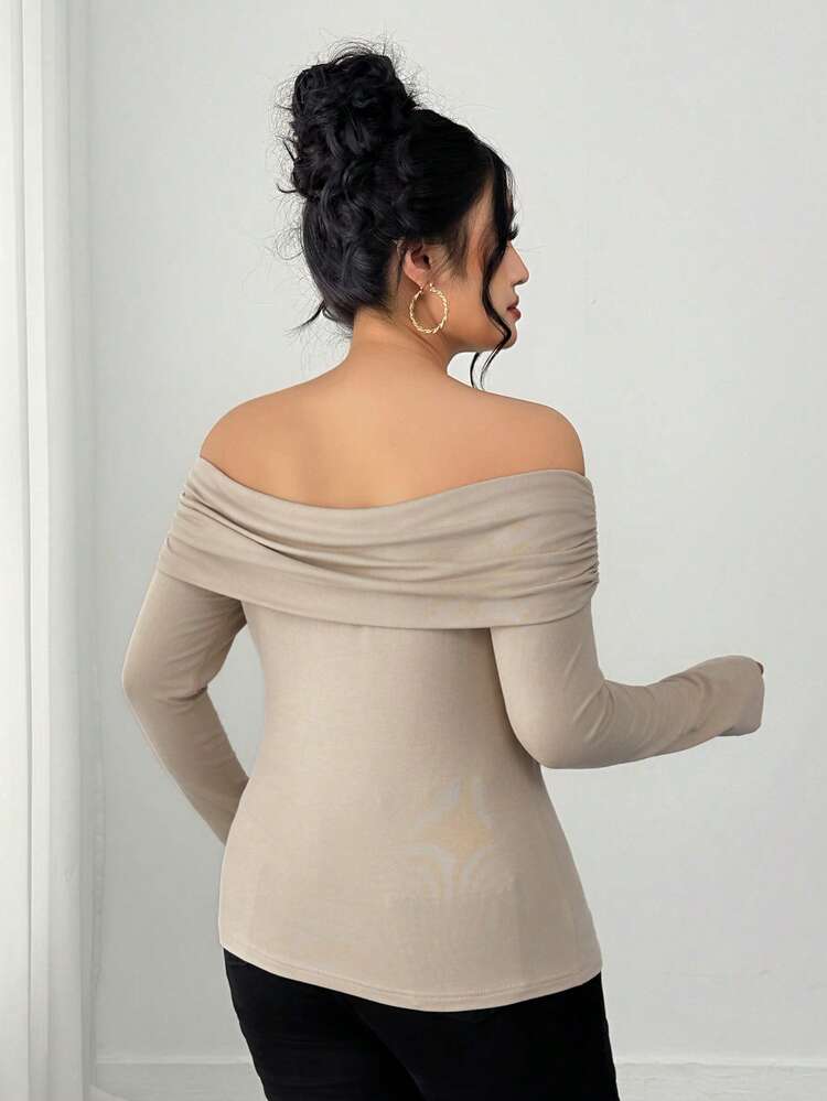 Dazy Plus Plus Size Women's Solid Color Elastic Casual Elegant Off-Shoulder Tight Fit Long Sleeve T-Shirt, Spring/Summer