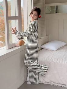 Dazy Kids 2pcs Tween Girls Knitted Striped Long Sleeve T-Shirt And Pants Loungewear Set, Fall - Apricot - View 5