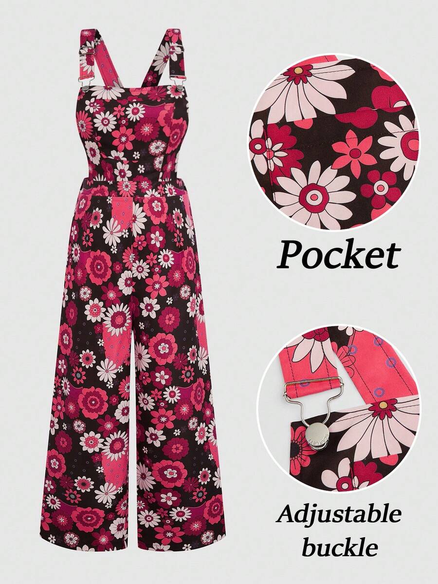 Sweetra 大码女式印花弹力腰交叉连体裤，优雅百搭，适合度假、约会、派对和休闲穿着，秋冬季款 - 粉色 - 查看 1