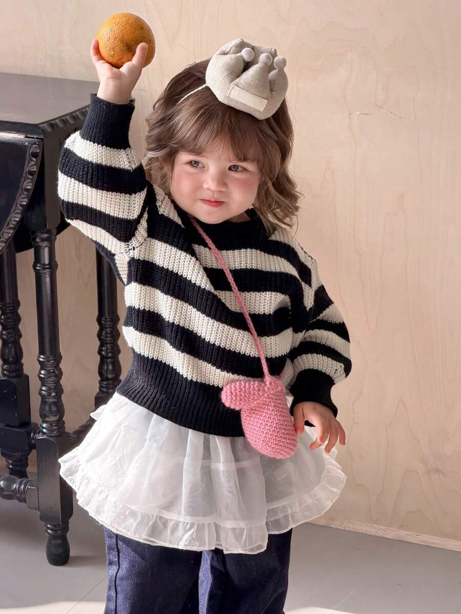 DAZY 女婴条纹撞色长袖毛衣,韩版,秋冬季幼儿女童服装 - 黑與白 - 查看 1