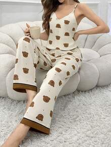 Bear Print V-Neck Camisole & Pants Pajama Set - Multicolor - View 4