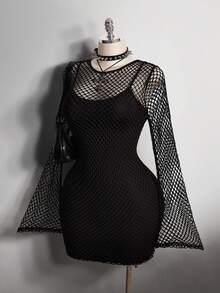 SHEIN ICON Bộ váy 2 mảnh bó sát lưới đen cỡ lớn, Y2K, Lễ hội âm nhạc - màu đen - Xem 5