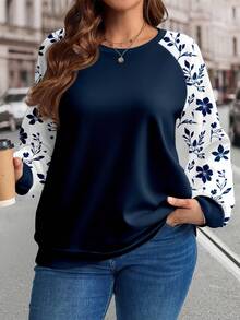 EMERY ROSE 秋冬休闲度假海军蓝碎花撞色圆领插肩袖大码女式卫衣，秋冬卫衣，海军蓝卫衣，新年，圣诞节 - 藏蓝色 - 查看 1