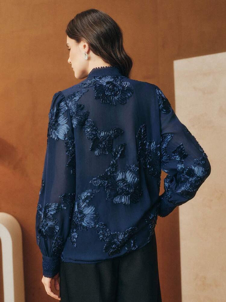 Women's Spring/Autumn Embroidered Lace Patchwork Lightweight Chiffon Blouse, Featuring Hollow Lace Trim At Collar And Cuffs, Suitable For Valentine's Day And Mother's Day, Navy Blue Long Sleeve
