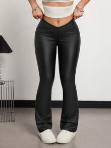 Jeanoix Millennium Design Criss-Cross Elastic Waist Skinny Flare Women's Black Coated Pants - Black - View 1