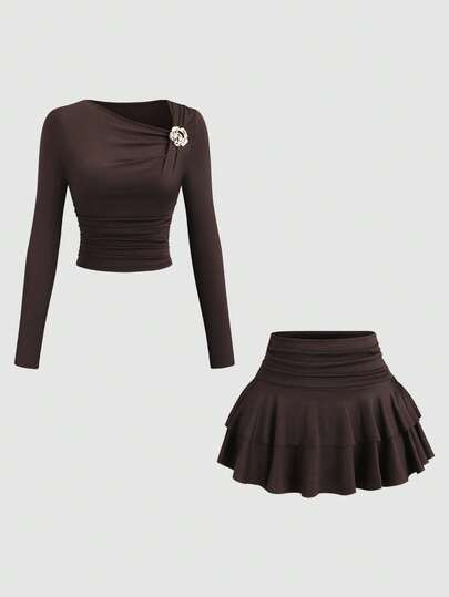 Sweetra Petite Women's Autumn/Winter Coffee-Color Metallic Flower Decor Top & Pleated Layered Mini Skirt Set