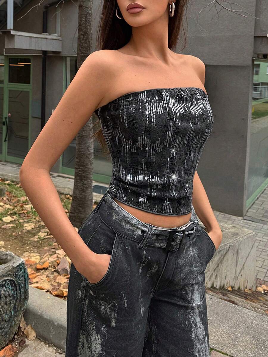 SHEIN TRNDY Áo hai dây hở lưng gợi cảm, rách bất đối xứng, thiết kế không tay, phù hợp cho nữ, phù hợp cho mùa hè, đi nghỉ - Màu xám đen - Xem 1