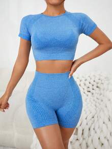 Powerista Women's Casual Sports Cropped Top & Shorts Set - Blue - View 2