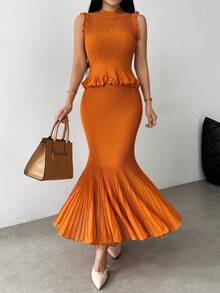 Modelyn 2件套优雅淑女风无袖针织背心和长款百褶裙套装 - 橘色 - 查看 1