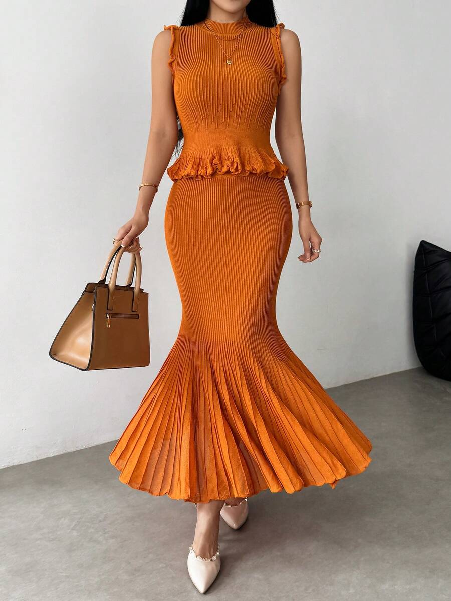 Modelyn 2件套优雅淑女风无袖针织背心和长款百褶裙套装 - 橘色 - 查看 1