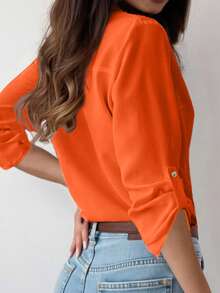 INAWLY Stylish Orange Regular Length Blouse With Shirt Collar And Practical Pocket For Women - Orange - View 2