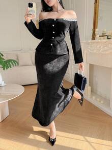 DAZY 1 Set Women's Off-Shoulder Top & Unique Embellished Skirt, French Elegant Style - Black - View 4