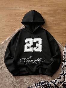SWAVVY Men's Casual Hoodie Sweatshirt With Front Graphic Print And Back Embroidery Patch, Spring/Autumn - Black - View 1