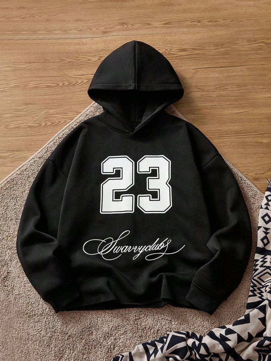 SWAVVY Men's Casual Hoodie Sweatshirt With Front Graphic Print And Back Embroidery Patch, Spring/Autumn - Black - View 1