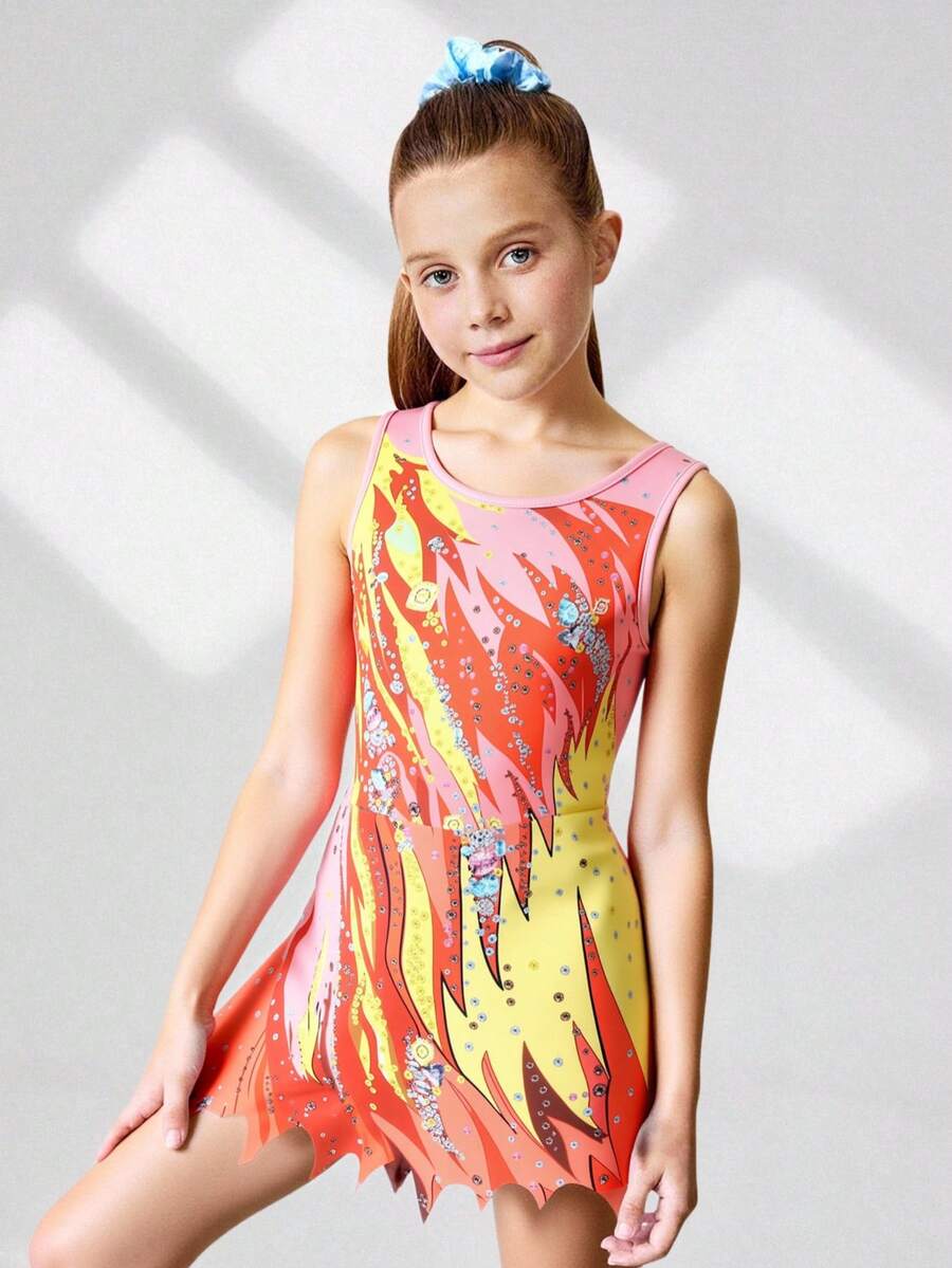 SHEIN 少女无袖印花体操服，舒适亲肤，贴身设计防止走光，适合艺术体操、学校舞蹈比赛等各种场合，秋冬季均适用。 - 彩色 - 查看 1