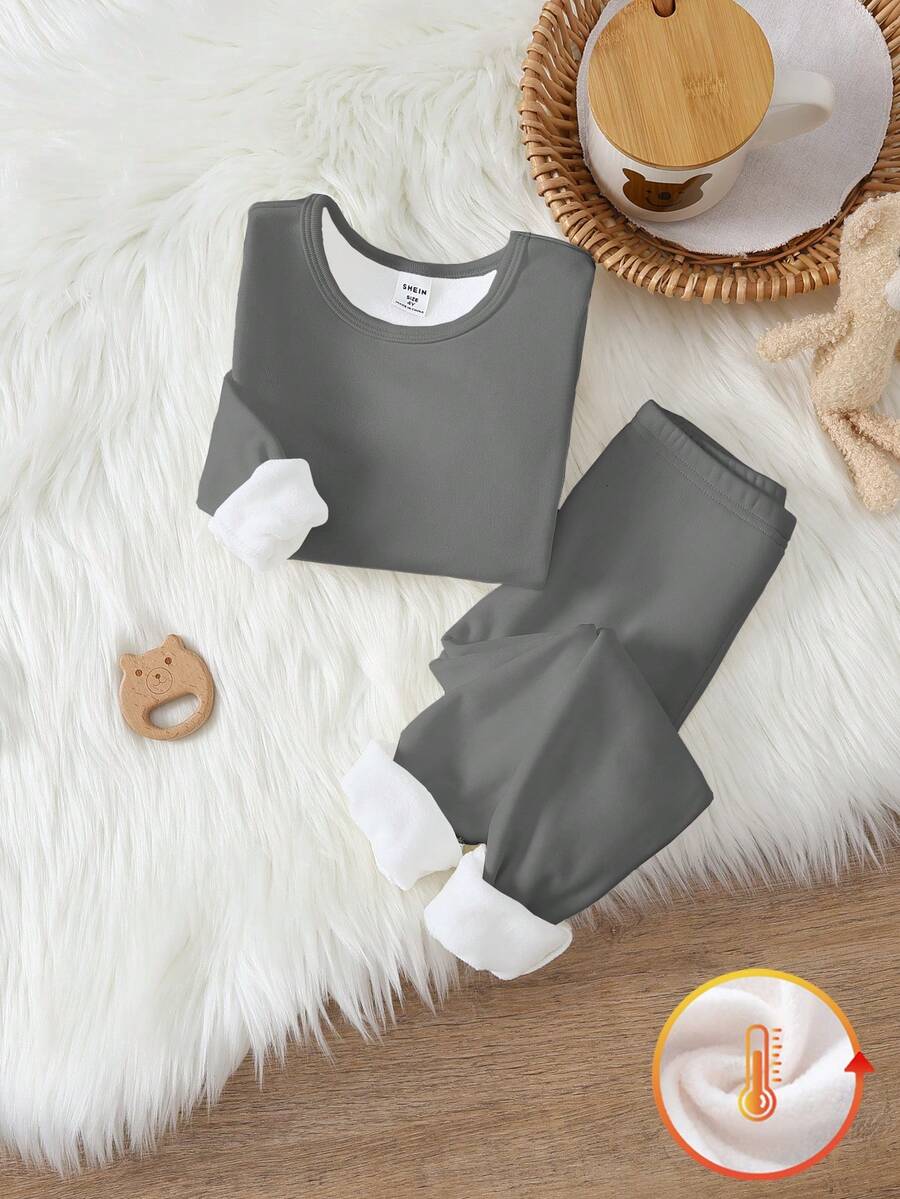 2 piezas Conjunto de ropa de estar en casa para niño pequeño con suéter de cuello redondo de punto elástico gris de tela polar gruesa y leggings - Multicolor - Ver 1