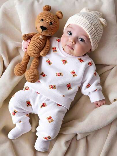 SHEIN Bộ áo thun dài tay in hình gấu hoạt hình cho bé trai