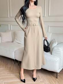 DAZY Women's Solid Color Round Neck Regular Shoulder Long Sleeve Loose Long Dress - Apricot - View 2