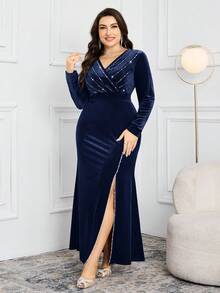 Modelyn Vestido elegante de manga larga con cuello en V, decoración de rhinestones y abertura lateral para mujer de talla grande - Azul Marino - Ver 5