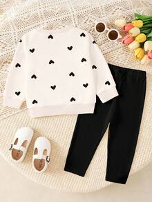 SHEIN Playful Pals 1 Set Baby Girl Casual Cute Heart Print Crew Neck Long Sleeve Sweatshirt And Leggings Pants Set, Suitable For Outings In Autumn/Winter - Multicolor - View 2