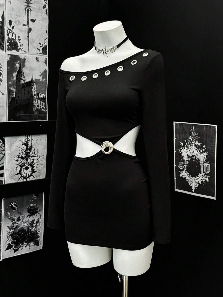 EgrlEra 女士性感不对称露肩长袖金属孔眼镂空迷你连衣裙 - 黑色 - 查看 1