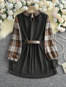 SHEIN Franclia 休闲通勤都市格子拼接衬衫领收腰针织弹力腰带装饰女式短裙，秋冬款 - 黑色 - 查看 2