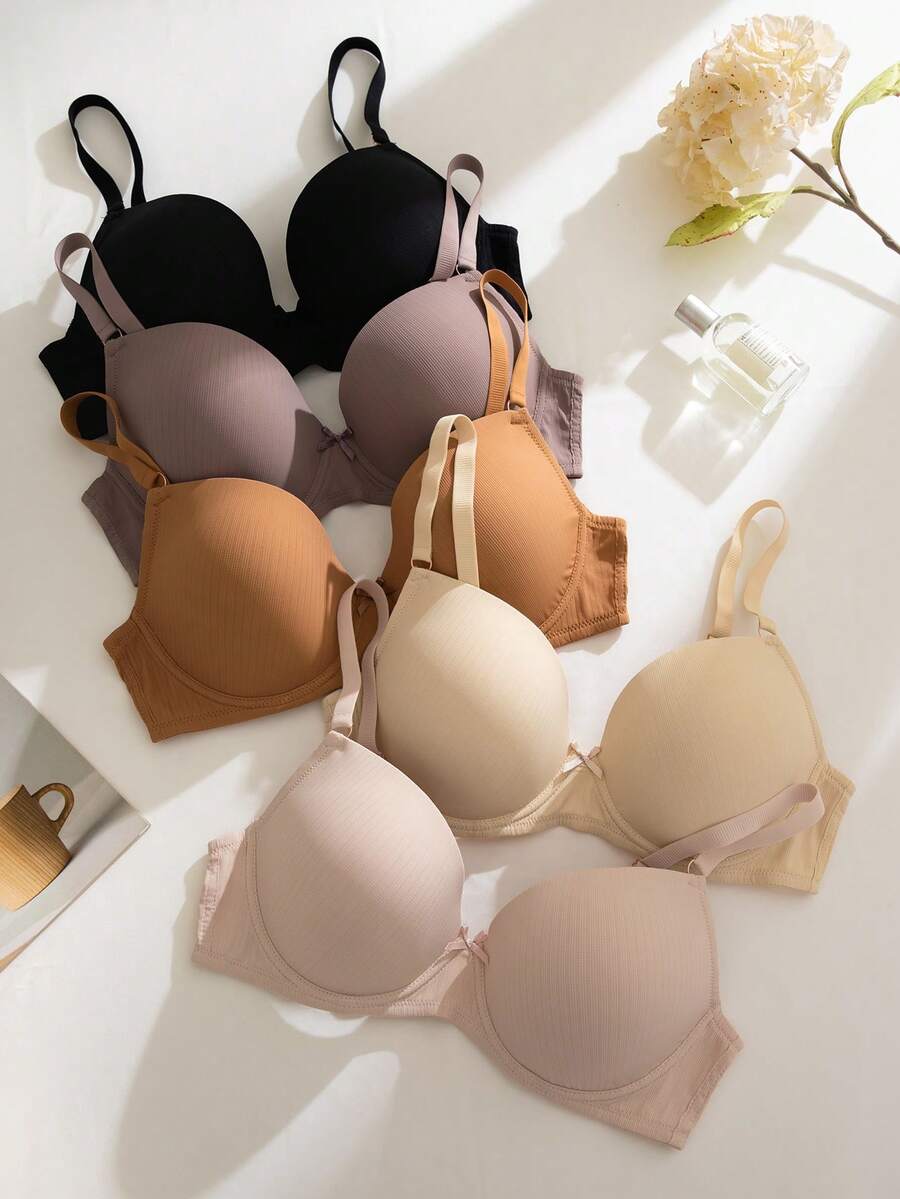 5pcs Plus Size Women Casual Jacquard Bow Underwire Bra Set - Multicolor - View 1