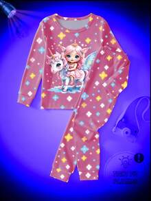 一套女童睡衣，粉色夜光童话奇幻独角兽和星星印花修身长袖上衣和裤子睡衣套装 - 粉色 - 查看 8